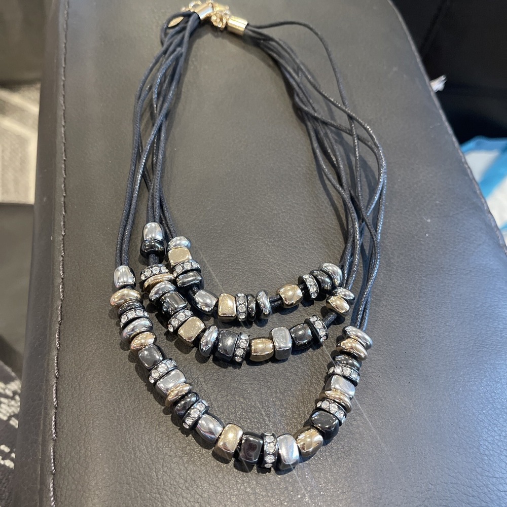 ST. THOMAS Necklace Multi-strand layered gold tone Black Rope Signed